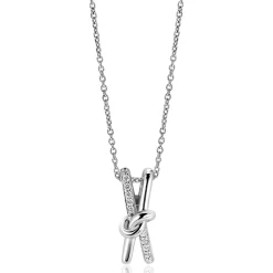 Best Zinzi 45cm zilveren ketting met cross-over hanger 19mm met knoop, bezet met witte zirconia's ZIC2505