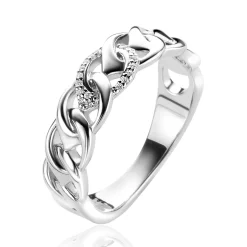 New Zinzi Mart Visser by zilveren ring 6mm breed, met open peervormige schakels, bezet met witte zirconia's MVR24S