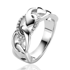New Zinzi Mart Visser by zilveren ring 9mm breed, met open peervormige schakels, bezet met witte zirconia's MVR24