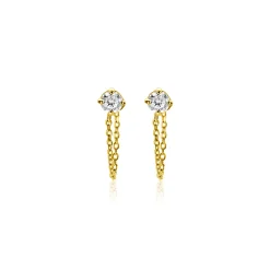 Zinzi 12mm Gold 14 krt gouden oorstekers met ketting en ronde witte zirkonia ZGO552