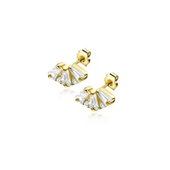 Outlet Zinzi 6mm Gold 14 krt gouden fantasie oorknoppen met drie baguette geslepen witte zirkonia's en twee ronde zirkonia's ZGO520