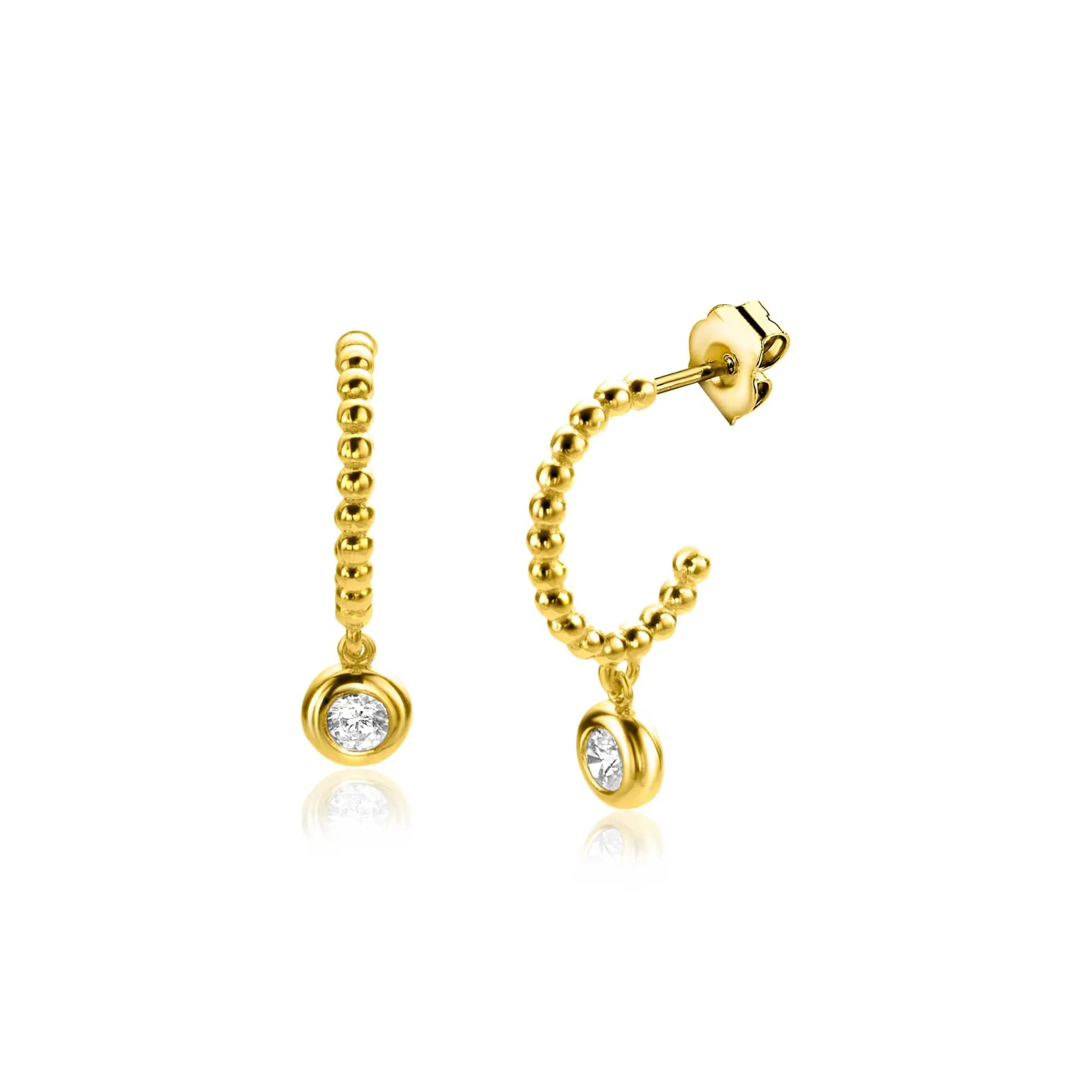 New Zinzi 18mm Gold 14 krt gouden halve bolletjes oorringen als oorstekers en bungelend ronde witte zirconia's 4mm ZGO320