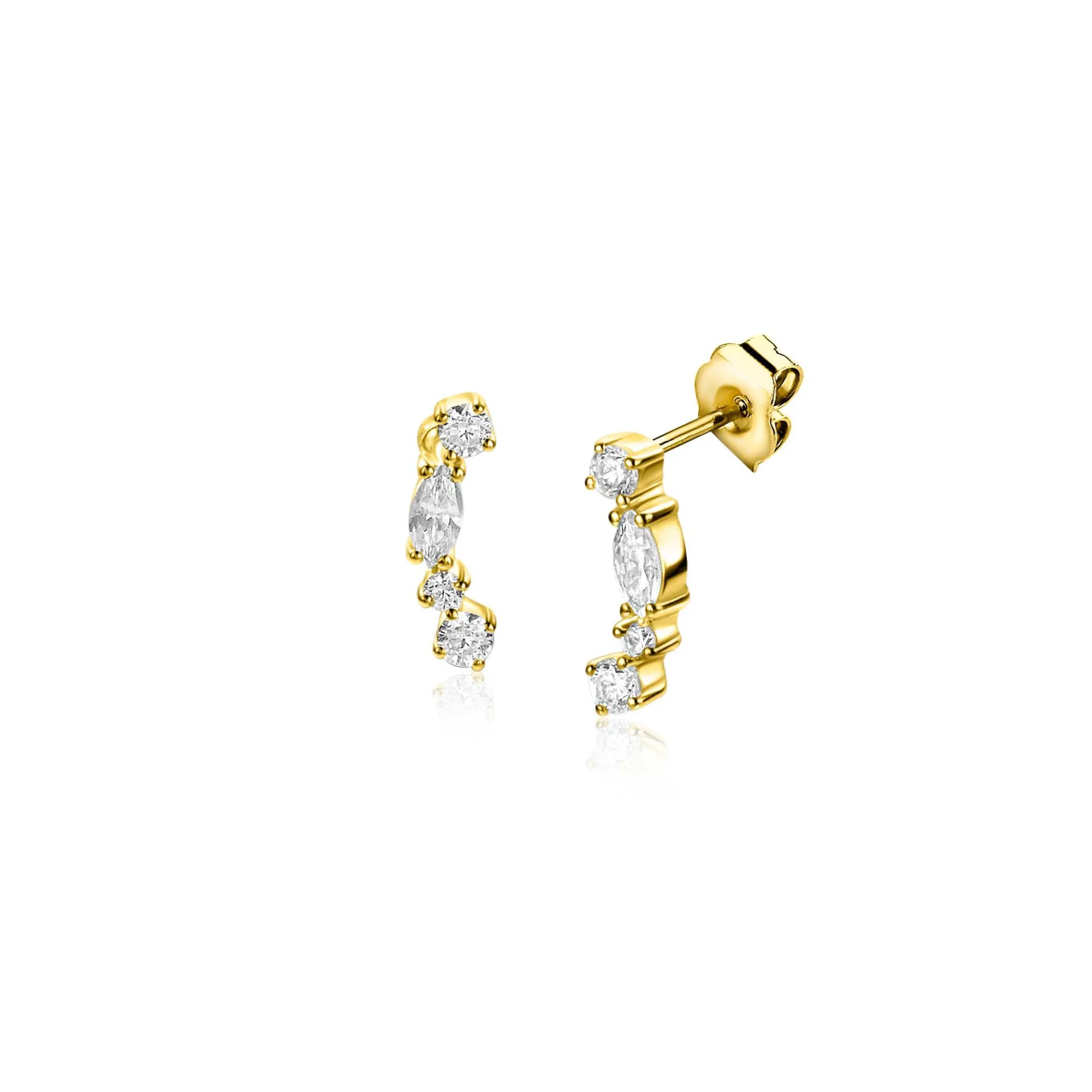 Clearance Zinzi 10mm Gold 14 krt gouden fantasie oorstekers bezet met vierkante en peervormige witte zirconia's ZGO464