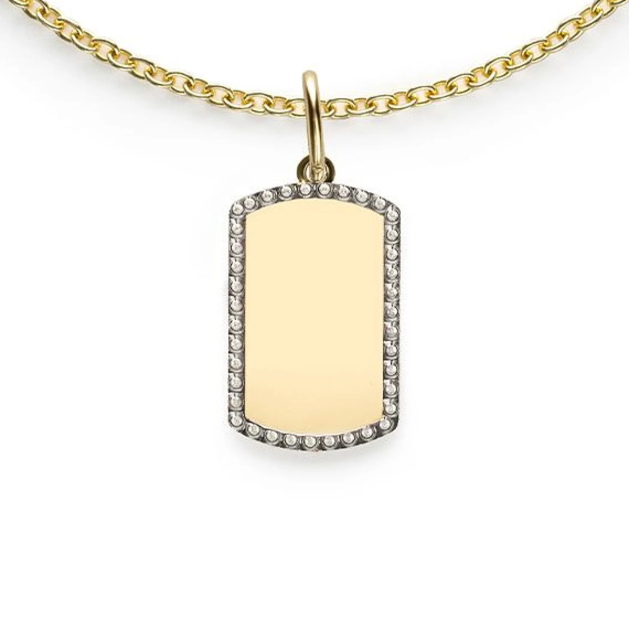 Clearance Zinzi 14mm Gold 14 krt gouden graveerplaat in rechthoeksvorm van 14 x 9mm en met chique witgouden parelrand ZGH365-14 (zonder collier)