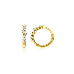 Outlet Zinzi 13mm Gold 14 krt gouden oorringen met rechthoekige baguette geslepen zirkonia en zes ronde witte zirkonia's, met luxe klapsluiting 13 x 2mm ZGO528