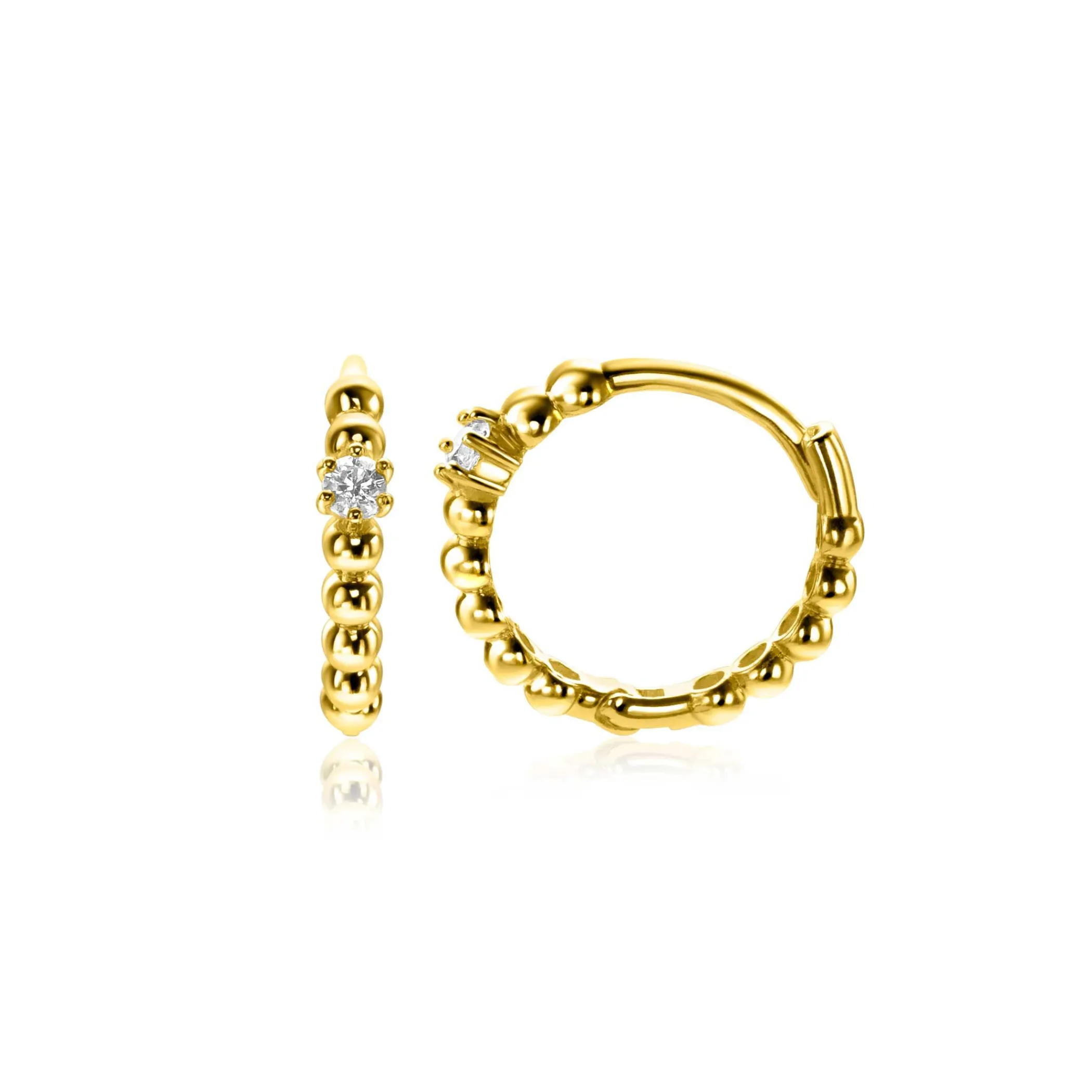 Zinzi 13mm Gold 14 krt gouden oorringen met bolletjes design en een ronde witte zirkonia, met luxe klapsluiting 13 x 2mm ZGO527