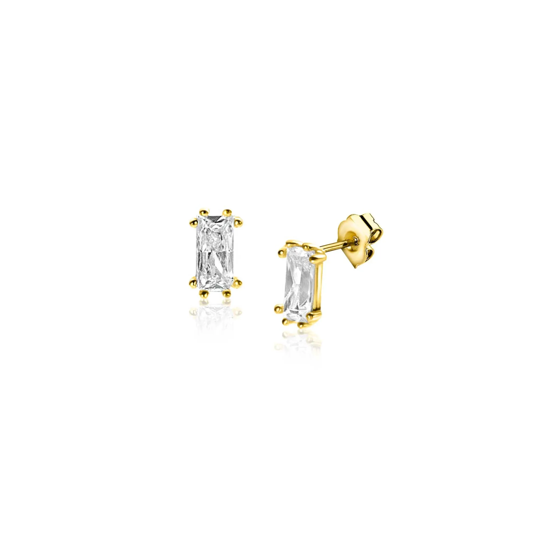 Online Zinzi 5mm Gold 14 krt gouden oorknoppen achtpootszetting met baguette geslepen rechthoekige witte zirconia ZGO369