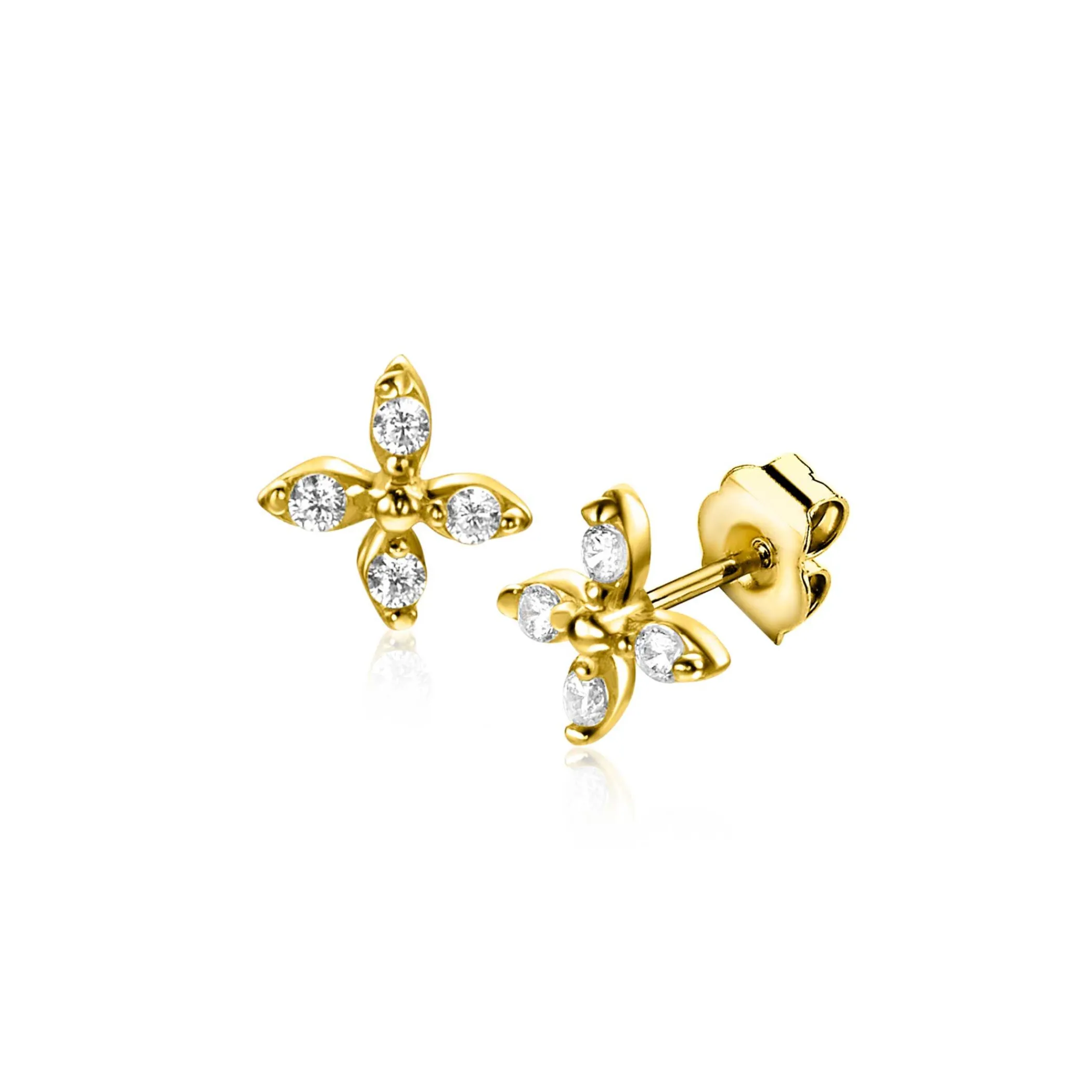 Discount Zinzi 5mm Gold 14 krt gouden fantasie oorknoppen in bloemvorm, bezet met vier ronde witte zirkonia's ZGO519