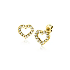 Clearance Zinzi 7mm Gold 14 krt gouden oorknoppen open hartje bezet met witte zirconia's ZGO450