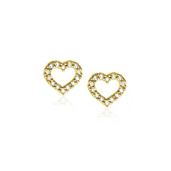 Clearance Zinzi 7mm Gold 14 krt gouden oorknoppen open hartje bezet met witte zirconia's ZGO450