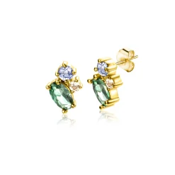 Online Zinzi 8mm Gold 14 krt gouden fantasie oorstekers bezet met champagne, lichtblauwe en groene zirconia's ZGO379