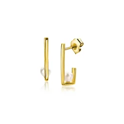 New Zinzi 14mm Gold 14 krt gouden oorstekers met rechthoekige vorm, bezet met een kleine witte parel ZGO416