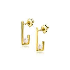 New Zinzi 14mm Gold 14 krt gouden oorstekers met rechthoekige vorm, bezet met een kleine witte parel ZGO416