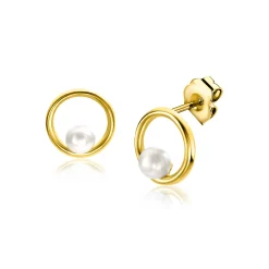 Clearance Zinzi 8mm Gold 14 krt gouden oorstekers met open ronde vorm, bezet met een kleine witte parel ZGO418