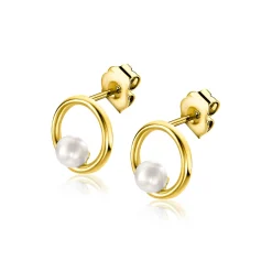 Clearance Zinzi 8mm Gold 14 krt gouden oorstekers met open ronde vorm, bezet met een kleine witte parel ZGO418