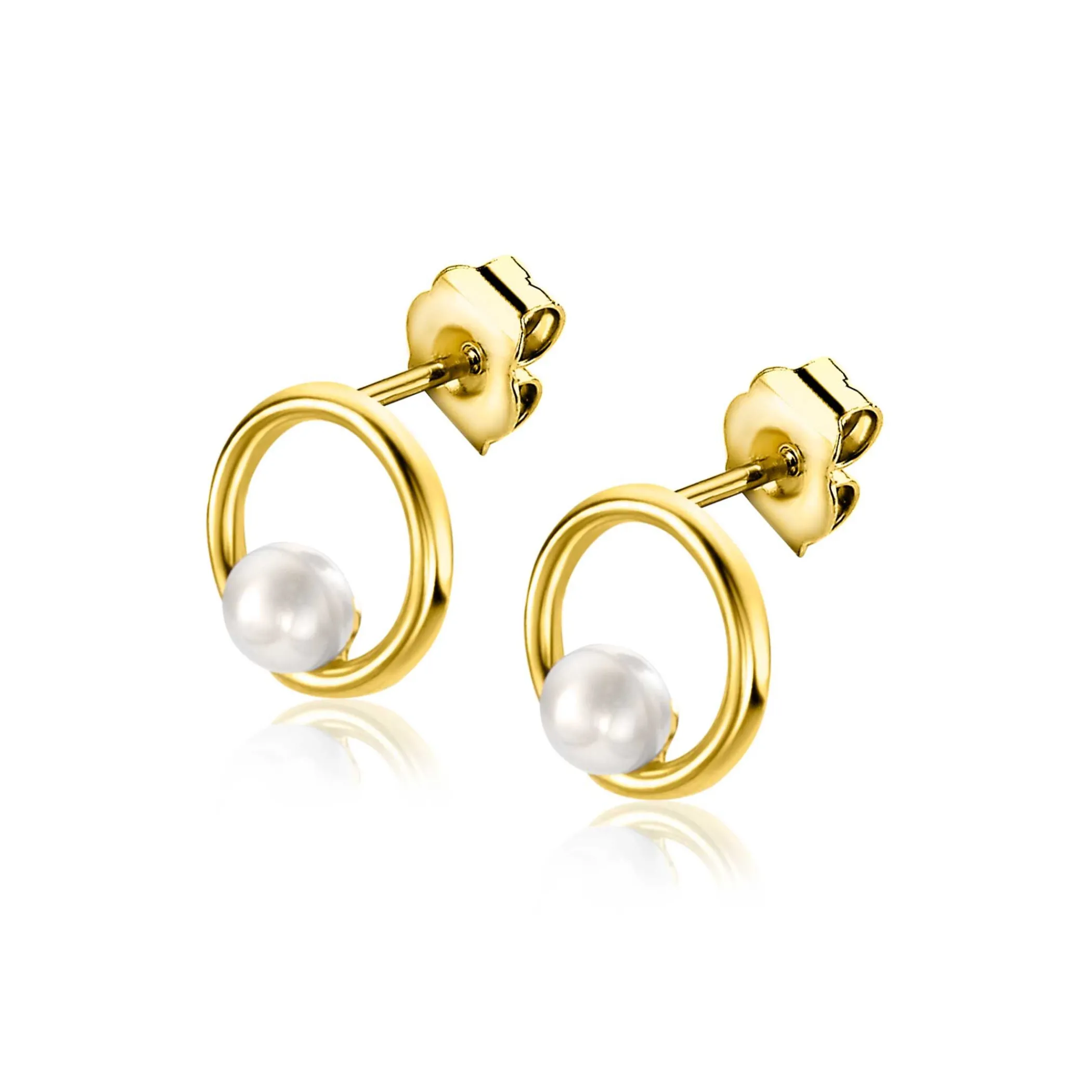 Clearance Zinzi 8mm Gold 14 krt gouden oorstekers met open ronde vorm, bezet met een kleine witte parel ZGO418