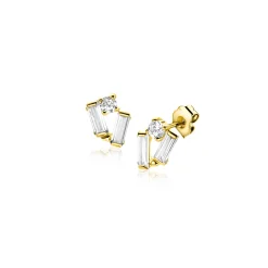 Outlet Zinzi 6mm Gold 14 krt gouden fantasie oorstekers bezet met rechthoekige baguette geslepen witte zirconia's en een ronde witte zirconia ZGO465