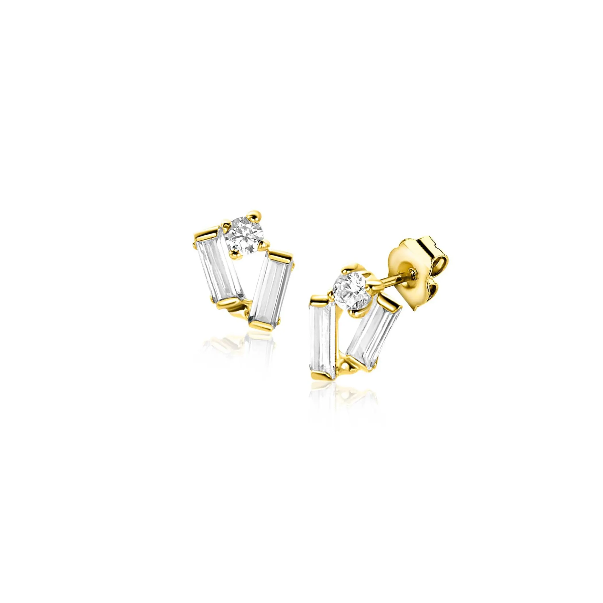 Outlet Zinzi 6mm Gold 14 krt gouden fantasie oorstekers bezet met rechthoekige baguette geslepen witte zirconia's en een ronde witte zirconia ZGO465