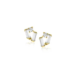 Outlet Zinzi 6mm Gold 14 krt gouden fantasie oorstekers bezet met rechthoekige baguette geslepen witte zirconia's en een ronde witte zirconia ZGO465