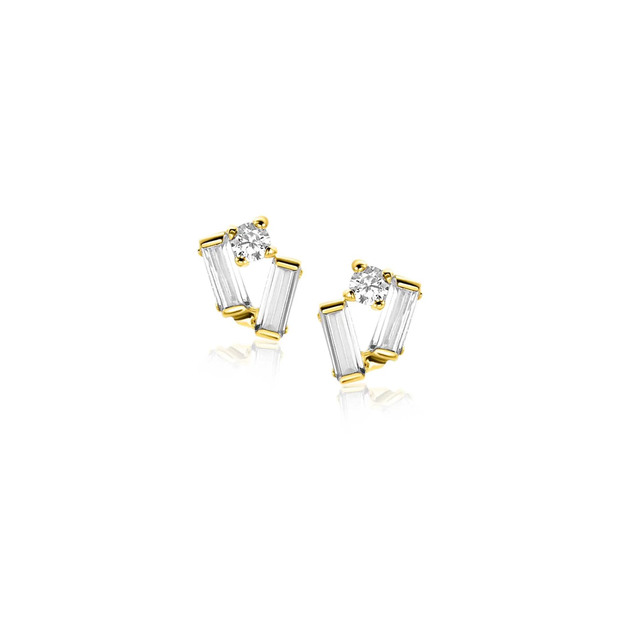 Outlet Zinzi 6mm Gold 14 krt gouden fantasie oorstekers bezet met rechthoekige baguette geslepen witte zirconia's en een ronde witte zirconia ZGO465
