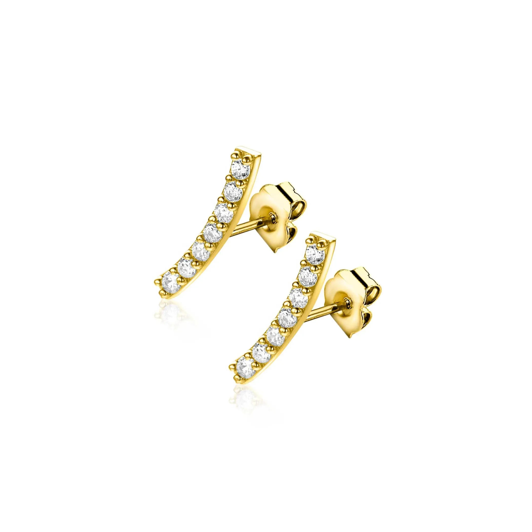 Zinzi 11mm Gold 14 krt gouden oorknoppen in kwart cirkel, bezet met zeven witte zirkonia's ZGO517