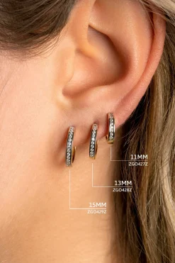 Online Zinzi 11mm Gold 14 krt gouden oorringen bezet met witte zirconia's met luxe klapsluiting 11mm x 2,1mm vierkante buis ZGO427Z