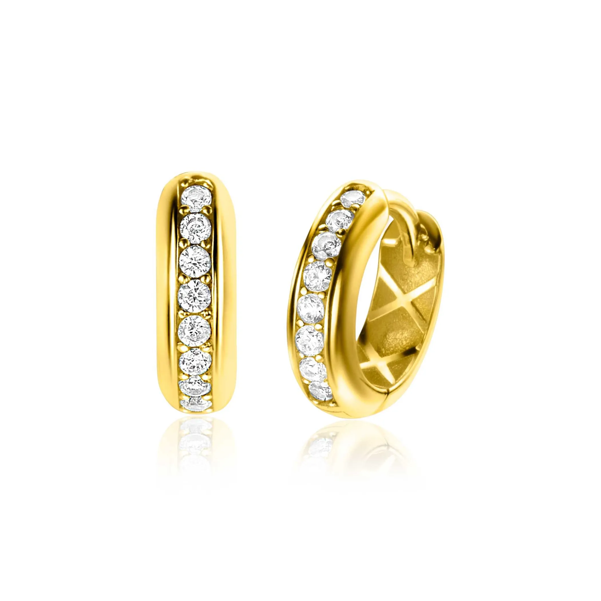 Sale Zinzi 13mm Gold 14 krt gouden oorringen 13mm met brede buis 3,8mm en bezet met witte zirconia's in railzetting. Met luxe klapsluiting ZGO435