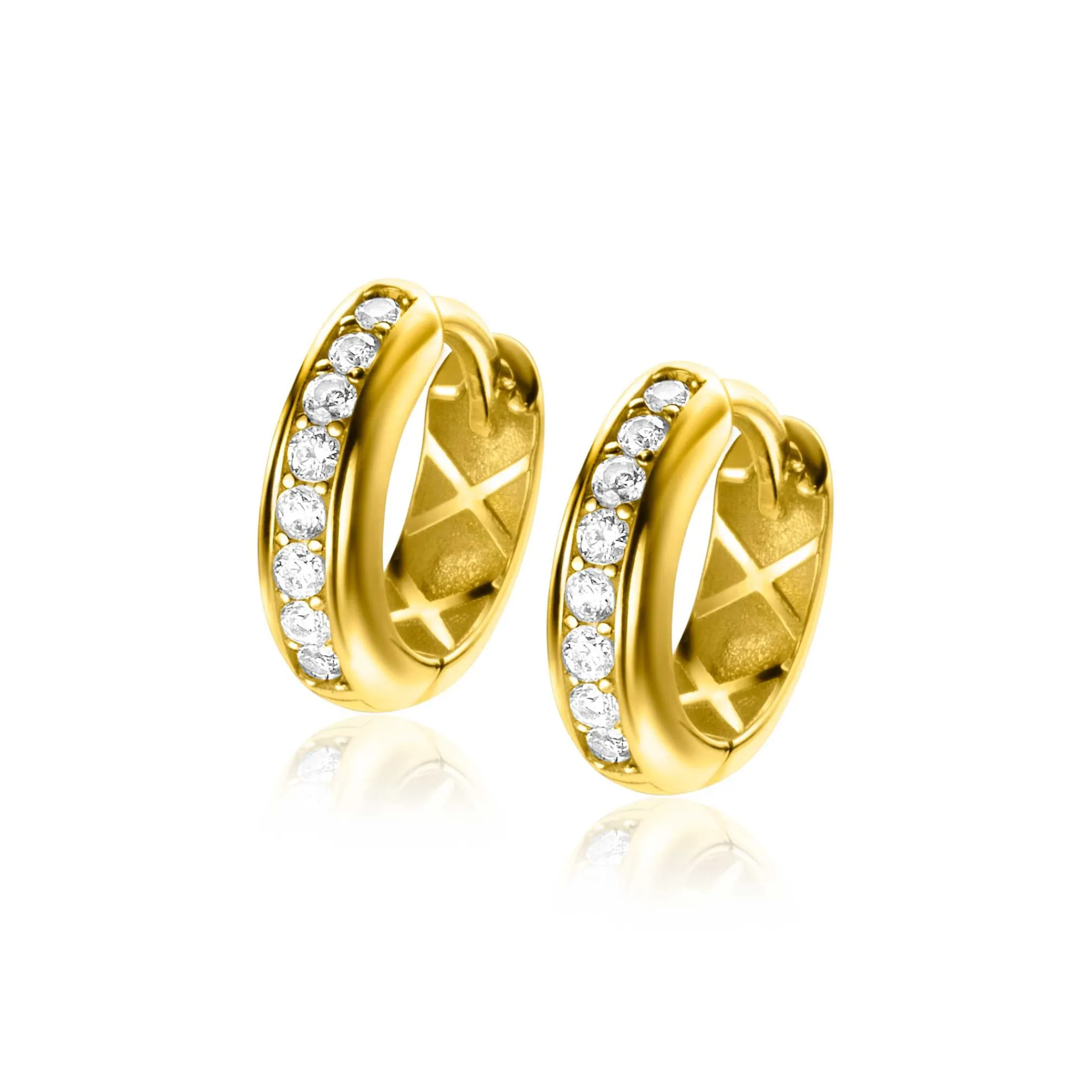 Sale Zinzi 13mm Gold 14 krt gouden oorringen 13mm met brede buis 3,8mm en bezet met witte zirconia's in railzetting. Met luxe klapsluiting ZGO435
