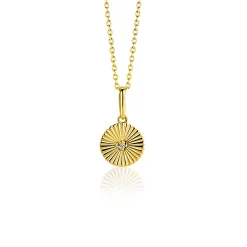 Discount Zinzi 14mm Gold 14 krt gouden hanger rond met zonnestralen en witte zirkonia ZGH542 (zonder collier)
