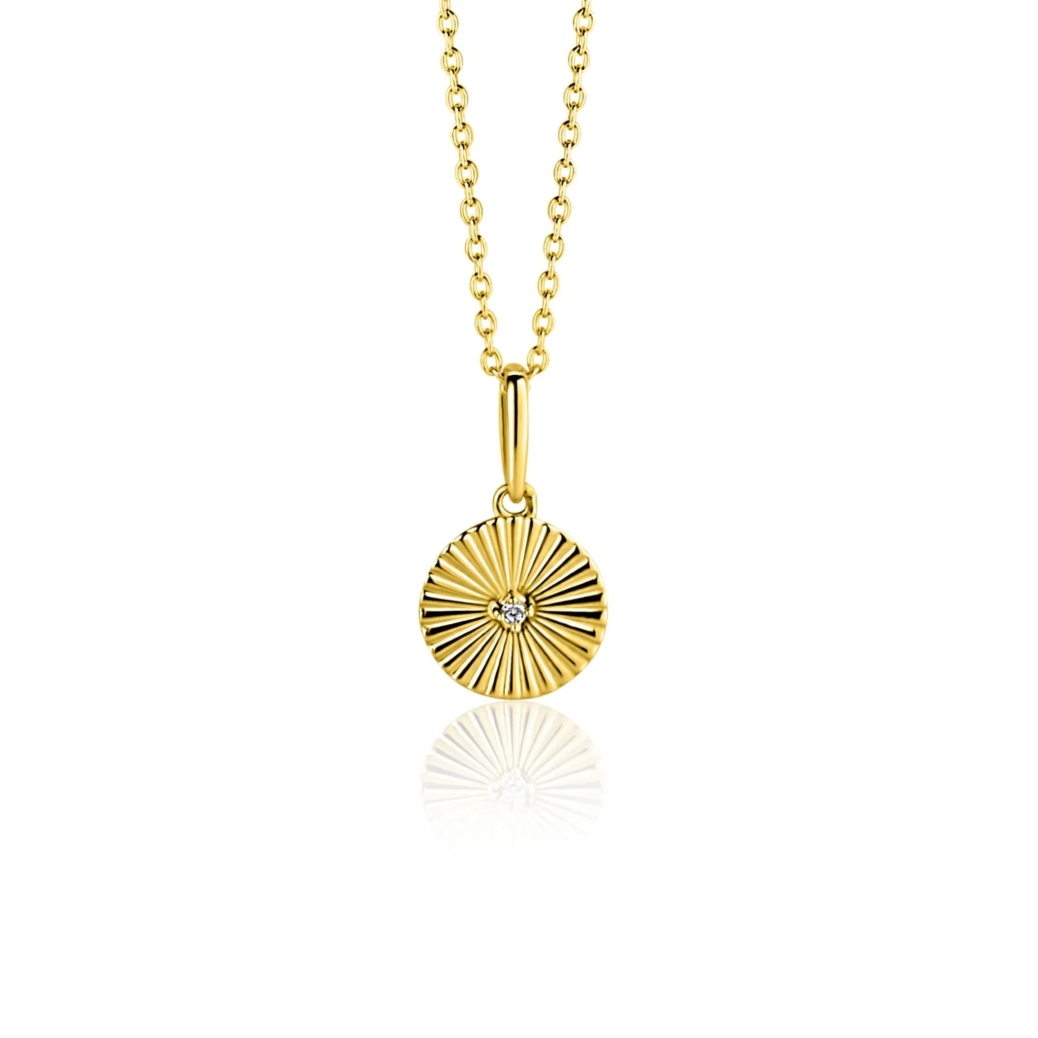 Discount Zinzi 14mm Gold 14 krt gouden hanger rond met zonnestralen en witte zirkonia ZGH542 (zonder collier)