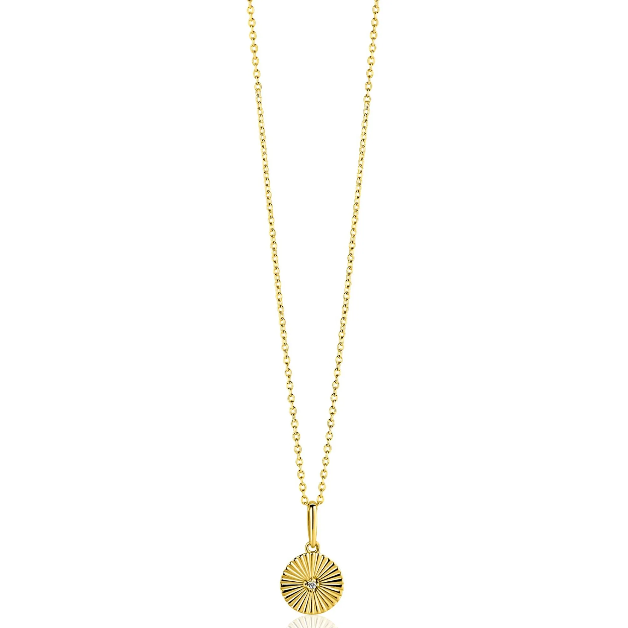 Discount Zinzi 14mm Gold 14 krt gouden hanger rond met zonnestralen en witte zirkonia ZGH542 (zonder collier)