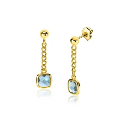 Hot Zinzi 25mm gold plated zilveren oorstekers met gourmet kettinkje en vierkante zetting bezet met indigo blauwe kleursteen ZIO2417G