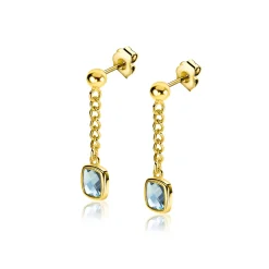 Hot Zinzi 25mm gold plated zilveren oorstekers met gourmet kettinkje en vierkante zetting bezet met indigo blauwe kleursteen ZIO2417G