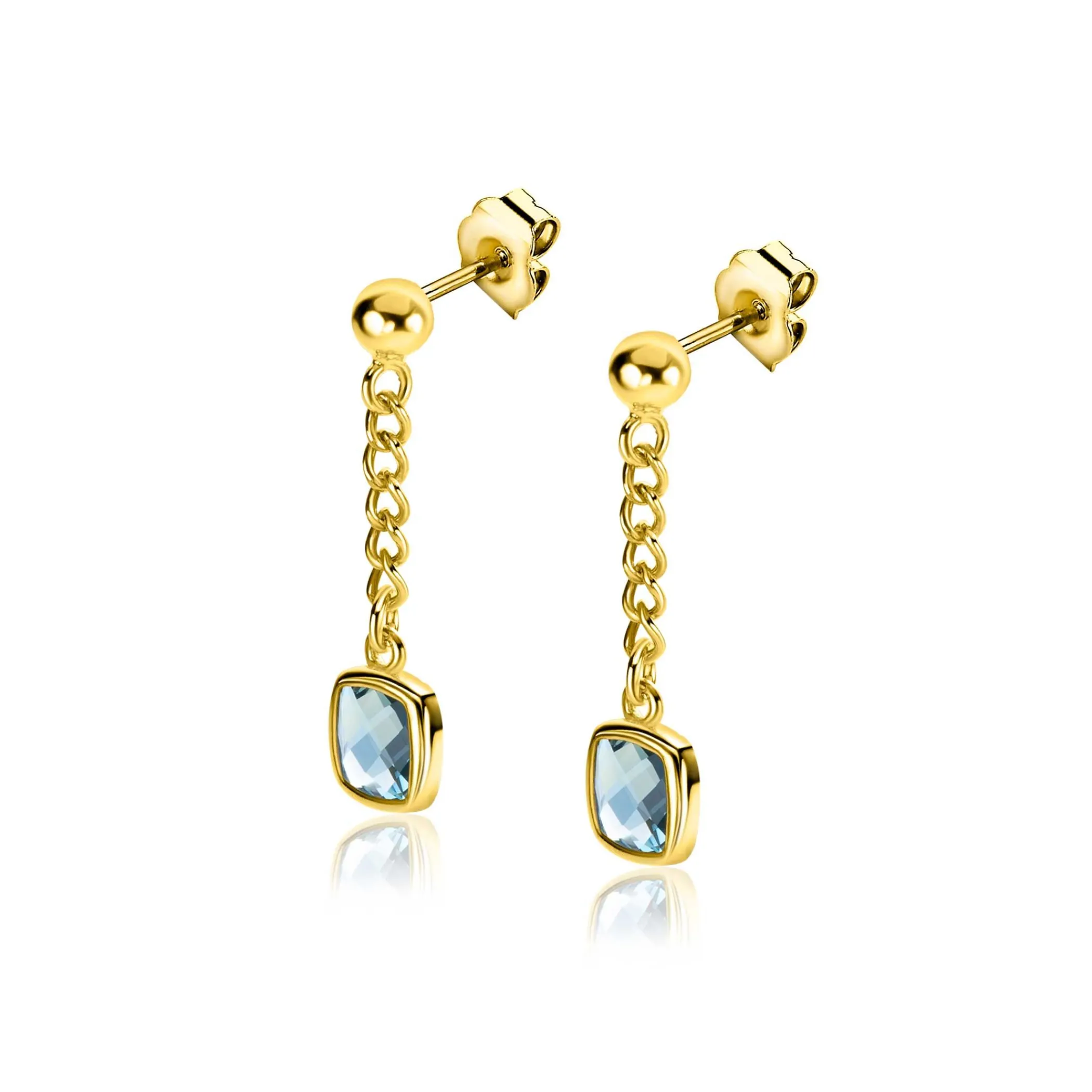 Hot Zinzi 25mm gold plated zilveren oorstekers met gourmet kettinkje en vierkante zetting bezet met indigo blauwe kleursteen ZIO2417G