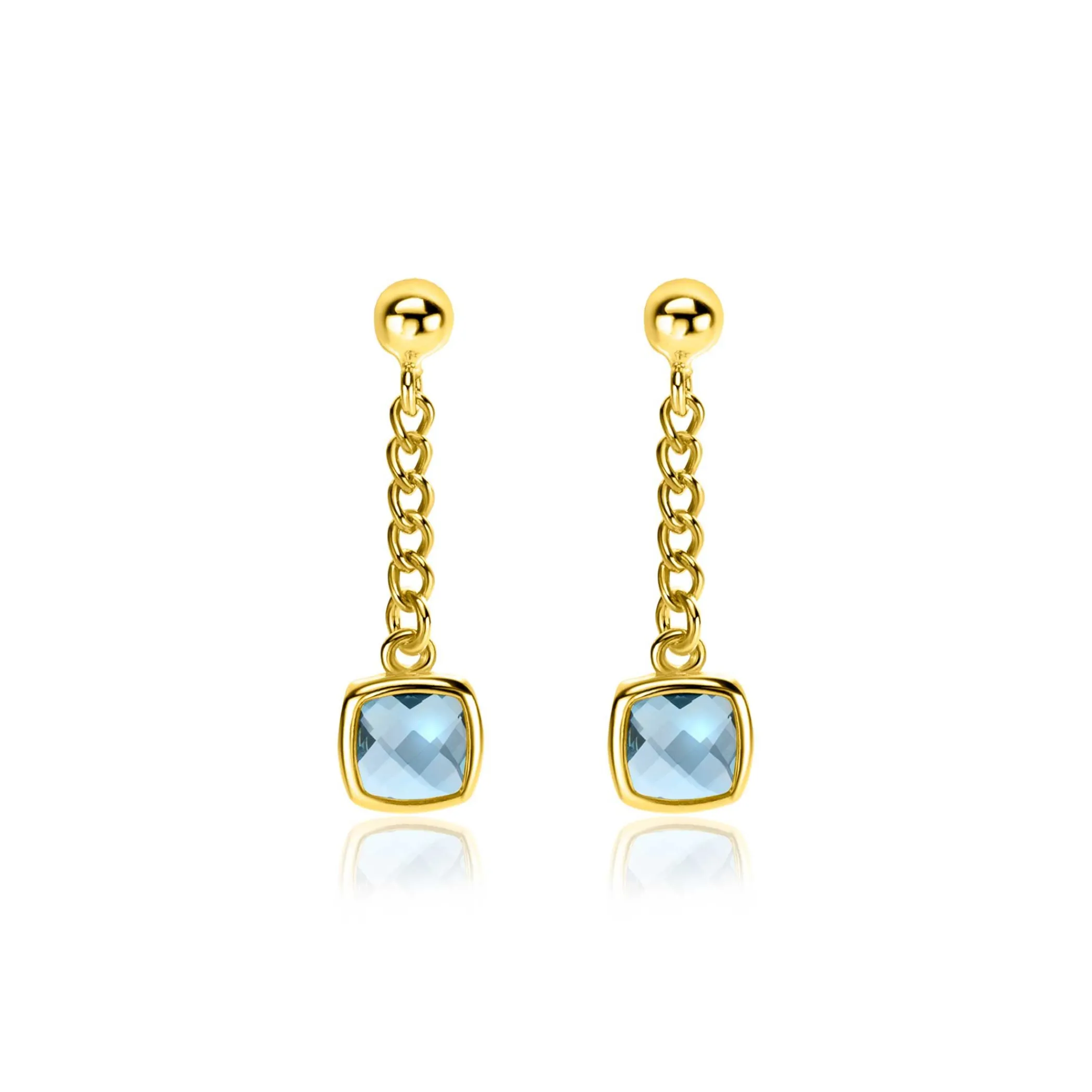 Hot Zinzi 25mm gold plated zilveren oorstekers met gourmet kettinkje en vierkante zetting bezet met indigo blauwe kleursteen ZIO2417G