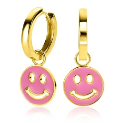 Online Zinzi 15mm gold plated zilveren ronde smiley oorbedels, bezet met trendy roze emaille ZICH2312R (zonder oorringen)