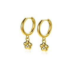 Outlet Zinzi 22mm gold plated zilveren oorringen 14mm met bungelende bloemetjes bezet met witte zirconia ZIO2620