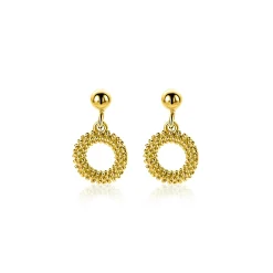 Clearance Zinzi 14mm gold plated zilveren oorstekers met open rondje van 8,5mm voorzien van een bolstructuur ZIO2704G