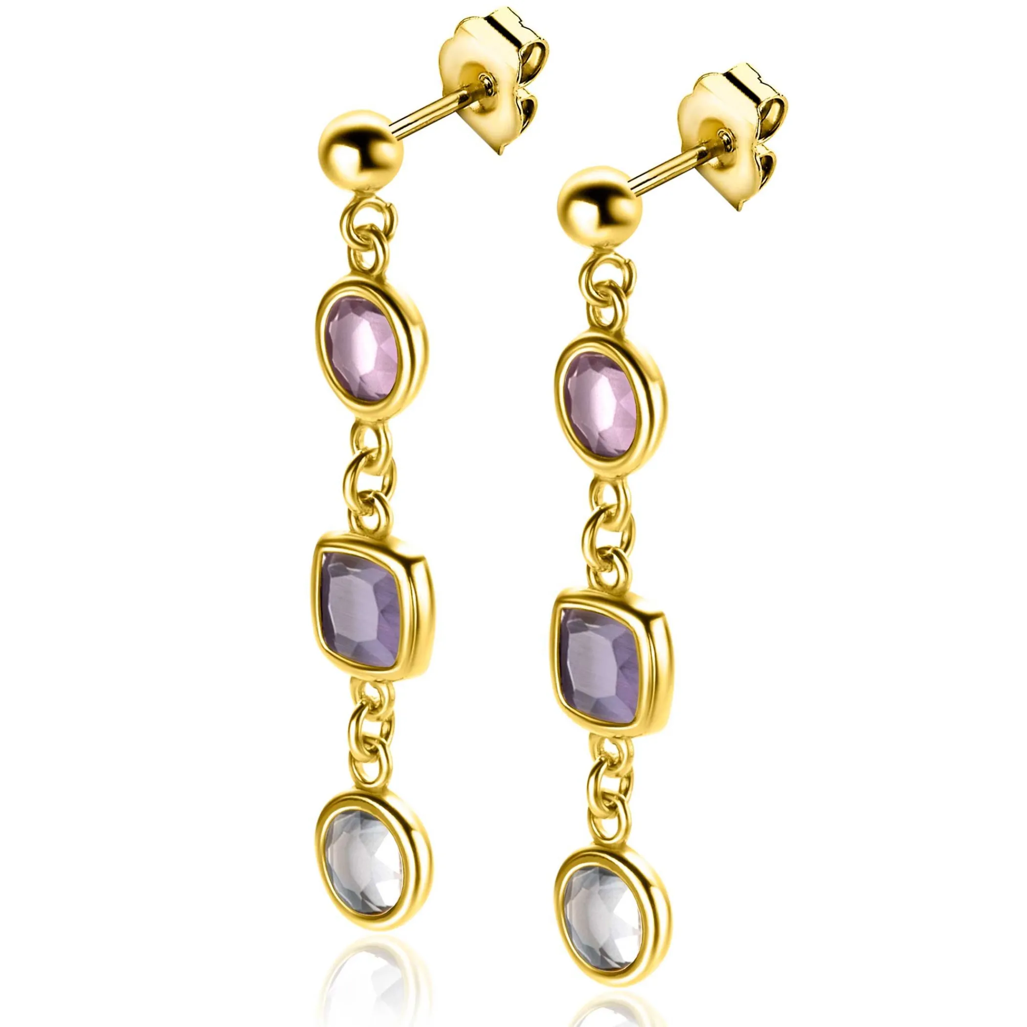 Clearance Zinzi 40mm gold plated zilveren oorsieraden rond vierkant paars en witgrijs ZIO2525G