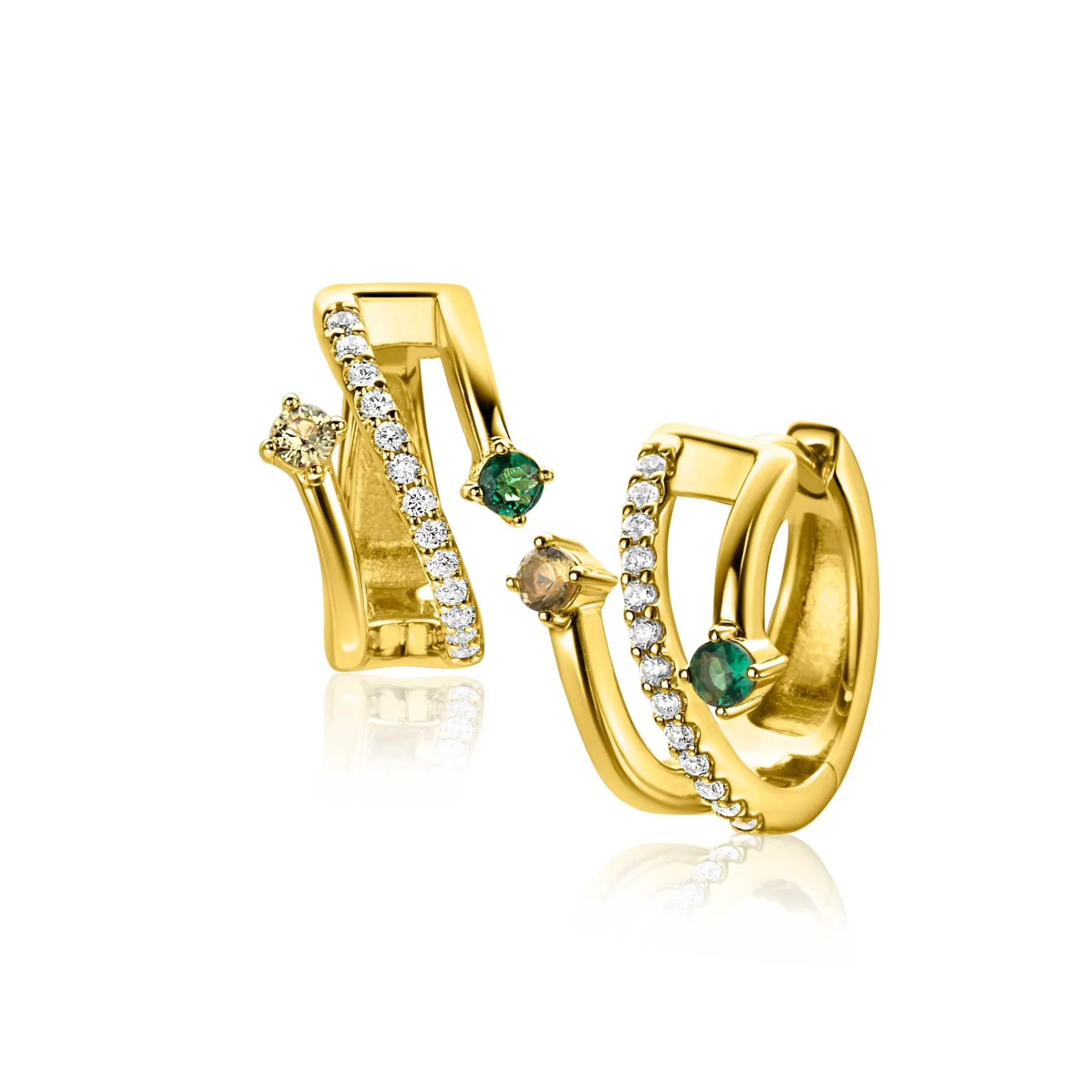 Clearance Zinzi 16mm gold plated zilveren multi-look oorringen met 3 rijen, bezet met groene kleurstenen en witte zirconia's 10mm breed met luxe klapsluiting ZIO2646G