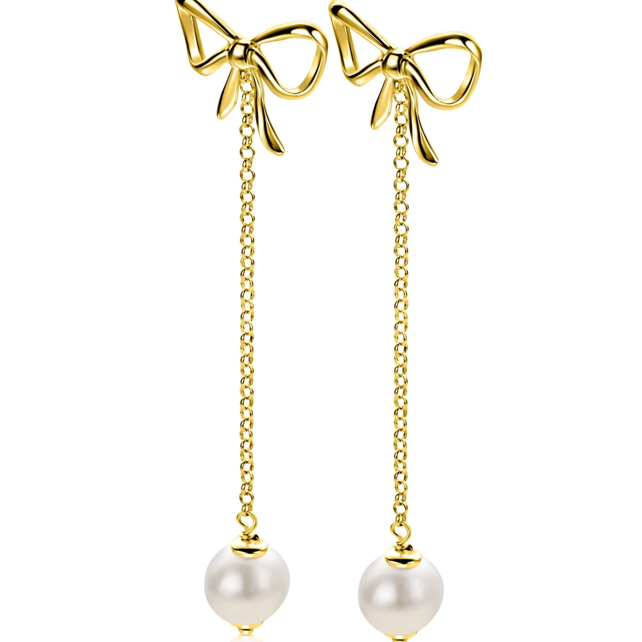Clearance Zinzi 60mm gold plated zilveren strik oorstekers met jasseron kettinkje en zoetwaterparel ZIO2677