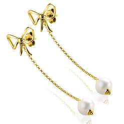 Clearance Zinzi 60mm gold plated zilveren strik oorstekers met jasseron kettinkje en zoetwaterparel ZIO2677