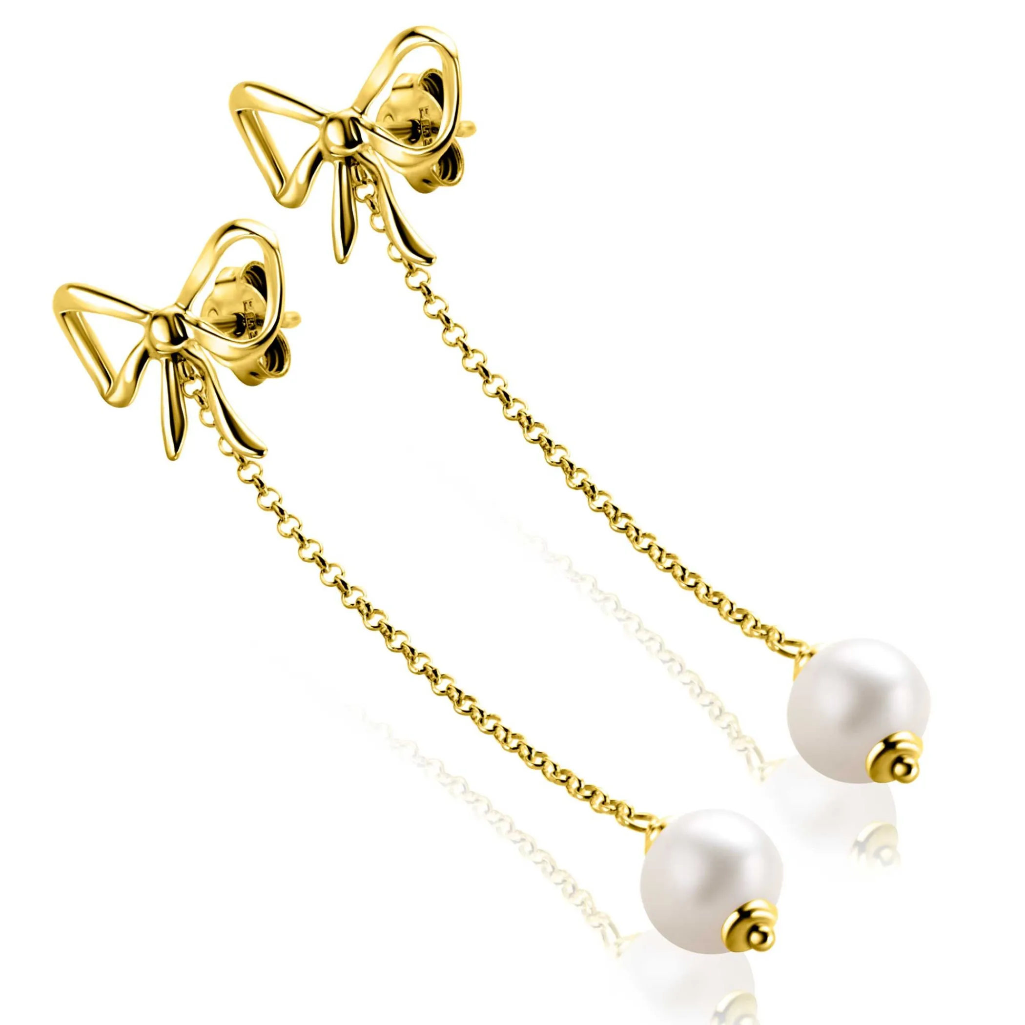 Clearance Zinzi 60mm gold plated zilveren strik oorstekers met jasseron kettinkje en zoetwaterparel ZIO2677