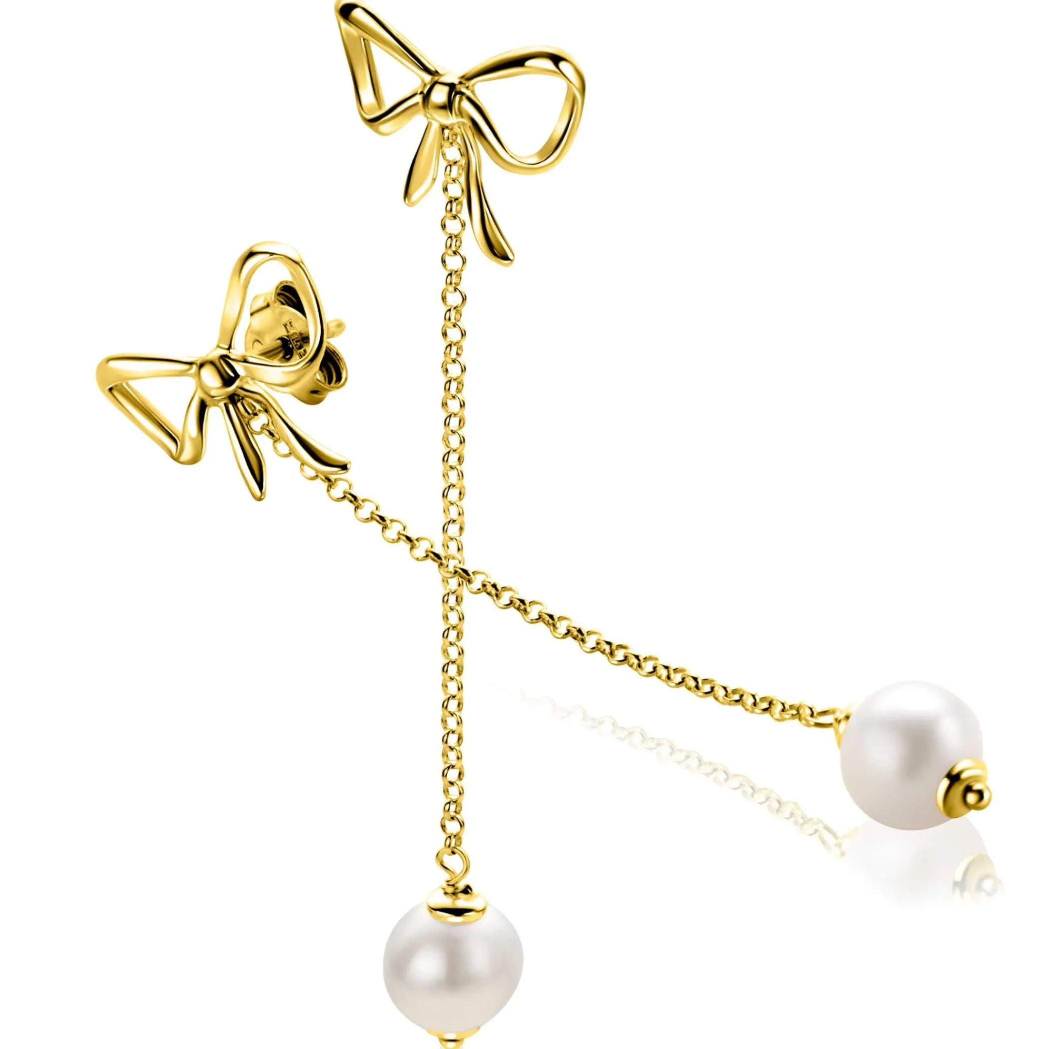 Clearance Zinzi 60mm gold plated zilveren strik oorstekers met jasseron kettinkje en zoetwaterparel ZIO2677