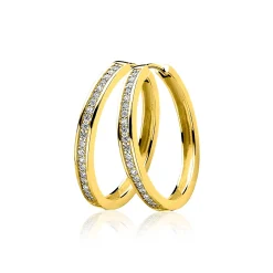 Clearance Zinzi 28mm gold plated zilveren oorringen met witte zirconia's en luxe klapsluiting, buisdikte 3mm ZIO193Y