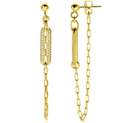 Outlet Zinzi 60mm gold plated zilveren oorstekers met paperclip ketting en open ovale vorm bezet met witte zirconia's ZIO2538