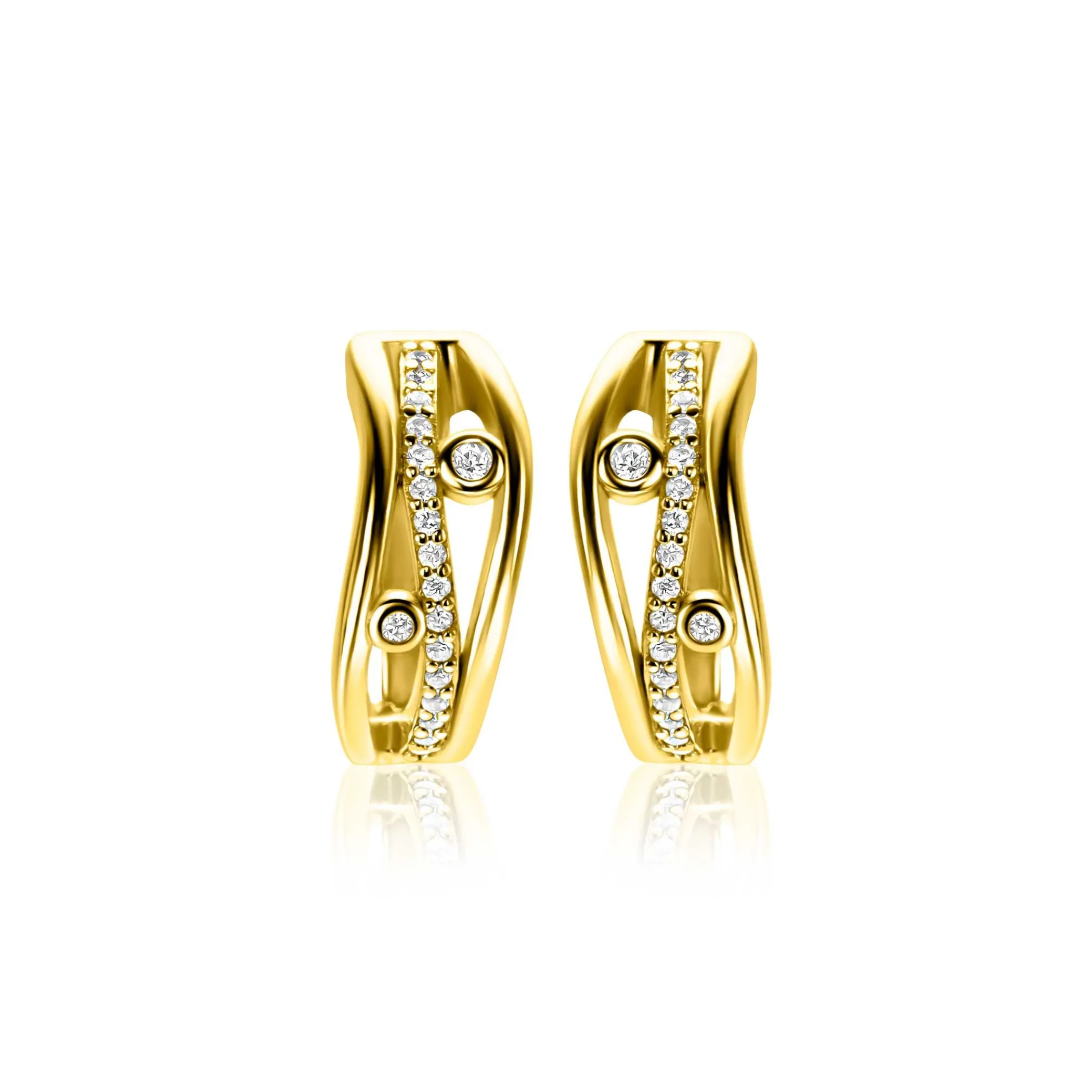 Zinzi 16mm gold plated zilveren multi-look oorringen in golvend design, bezet met witte zirkonia's en luxe klapsluiting ZIO2685