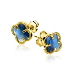 Clearance Zinzi 9mm gold plated zilveren oorstekers in klaver vorm met donkerblauwe kleursteen ZIO2662DB