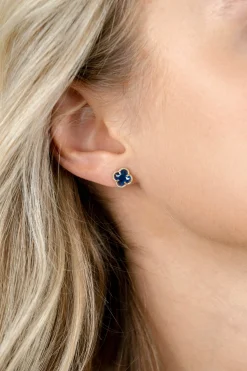 Clearance Zinzi 9mm gold plated zilveren oorstekers in klaver vorm met donkerblauwe kleursteen ZIO2662DB
