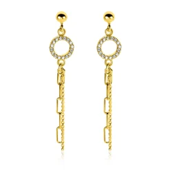 Outlet Zinzi 46mm gold plated zilveren oorstekers met bungelende paperclip en gourmet schakels, bevestigd aan een open rondje bezet met witte zirconia's ZIO2464Y